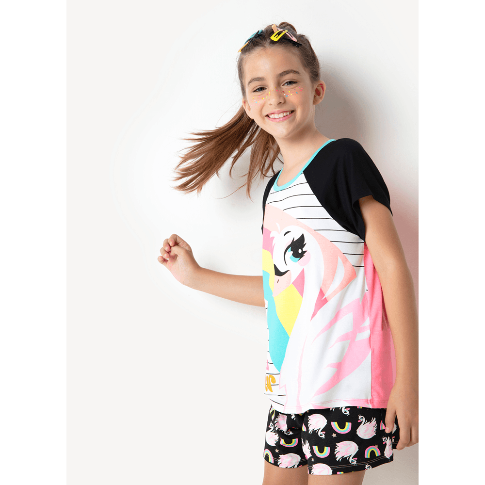 Pijama Manga Curta Viscolycra Menina Cisne Rainbow - 1