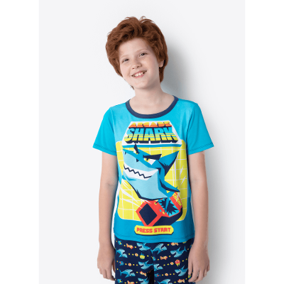Pijama Manga Curta Menino Teen Viscolycra Tubarão Gamer