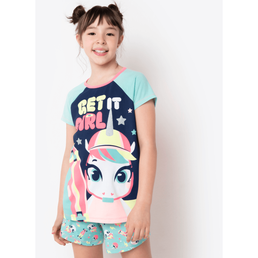 Pijama Manga Curta Menina Viscolycra Unicórnio Skate - 1