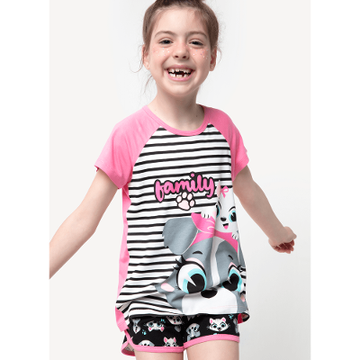 Pijama Manga Curta Menina Viscolycra Família Pets