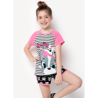 Pijama Manga Curta Menina Teen Viscolycra Família Pets