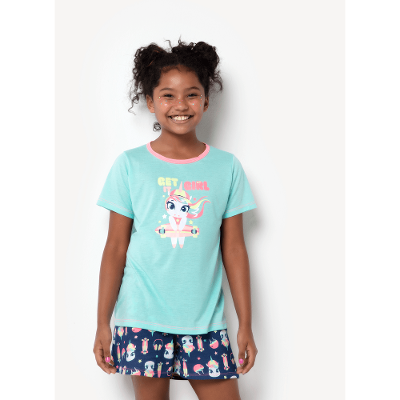Pijama Manga Curta Menina Teen Algodão Unicórnio Skate