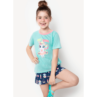 Pijama Manga Curta Menina Algodão Unicórnio Skate