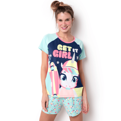 Pijama Manga Curta Feminino Viscolycra Unicórnio Skate