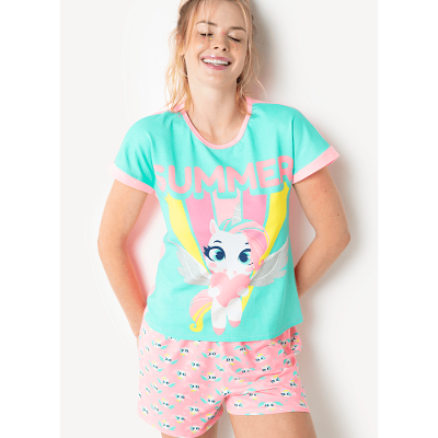 Pijama Manga Curta Feminino Viscolycra Unicórnio Love