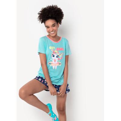 Pijama Manga Curta Feminino Algodão Unicórnio Skate