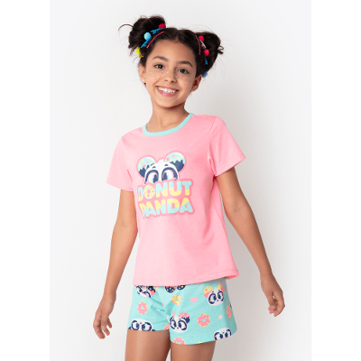 Pijama Manga Curta Algodão Menina Panda Donut