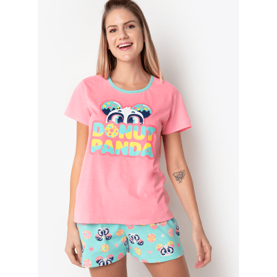 Pijama Manga Curta Feminina Panda Donuts