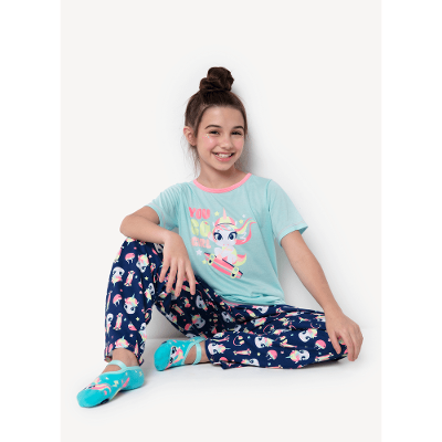 Pijama Longo Manga Curta Menina Algodão Unicórnio Skate