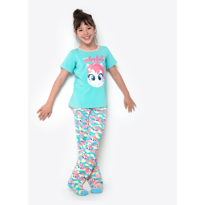 Pijama Longo Manga Curta Menina Teen Viscolycra Unicórnio Colorful Camuflado