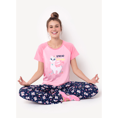 Pijama Longo Manga Curta Feminino Viscolycra Lhama Secret