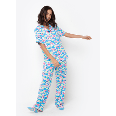 Pijama Longo Manga Curta Feminino Viscose Unicórnio Colorful Camuflado