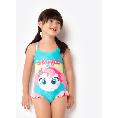 Maiô Menina Unicórnio Colorful