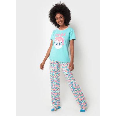 Pijama Longo Manga Curta Feminino Viscolycra Unicórnio Colorful Camuflado