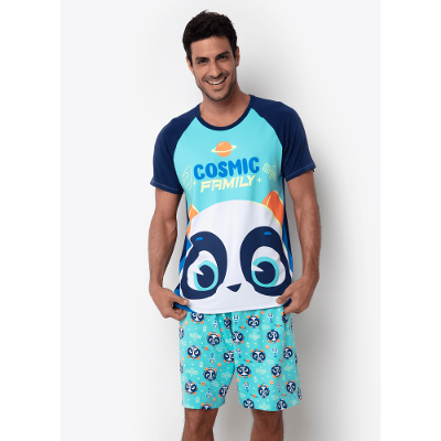 Pijama Curto Viscolycra Masculino Família Panda