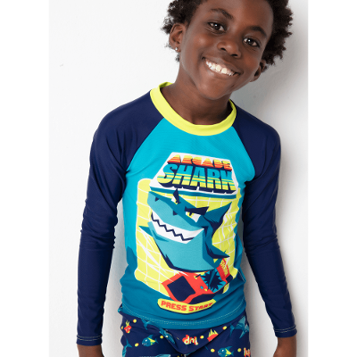 Camiseta Praia Com Proteção Solar Menino Tubarão Gamer