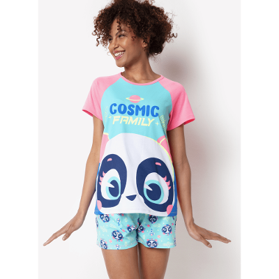 Pijama Manga Curta Viscolycra Feminino Família Panda