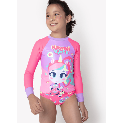Camiseta Manga Longa Menina com Proteção Solar Unicórnio Kawaii
