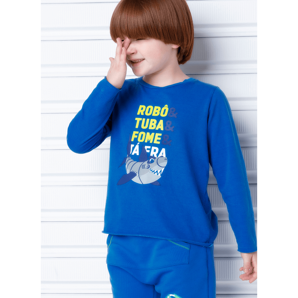 Camiseta Manga Longa Algodão Menino Tubarão Robô - 4