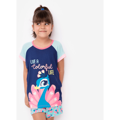 Pijama Manga Curta Viscolycra Menina Pavão
