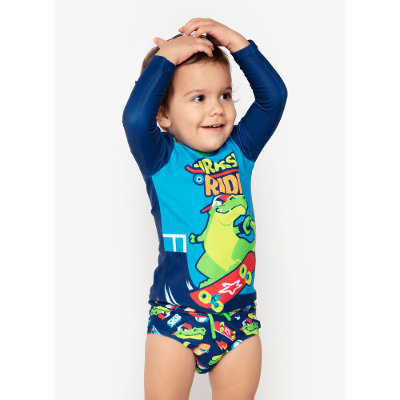 Conjunto Camiseta e Sunga com Proteção Solar Bebê Menino Dinossauro Skate