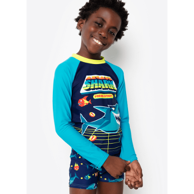 Conjunto Camiseta e Sunga com Proteção Solar Menino Tubarão Gamer
