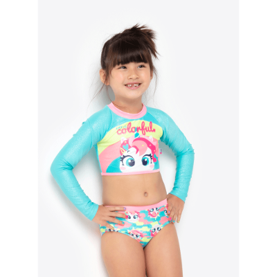 Conjunto Camiseta e Calcinha com Proteção Solar Menina Unicórnio Colorful Camuflado