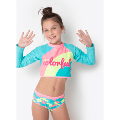 Conjunto Camiseta e Calcinha com Proteção Solar Menina Teen Unicórnio Colorful Camuflado