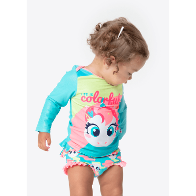 Conjunto Camiseta e Calcinha com Proteção Solar Bebê Menina Unicórnio Colorful