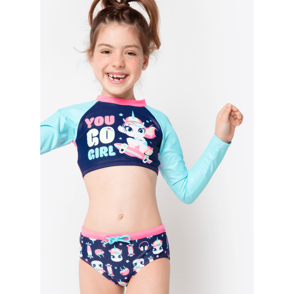 Conjunto Cropped e Calcinha com Proteção Solar Menina Unicórnio Skate - 1