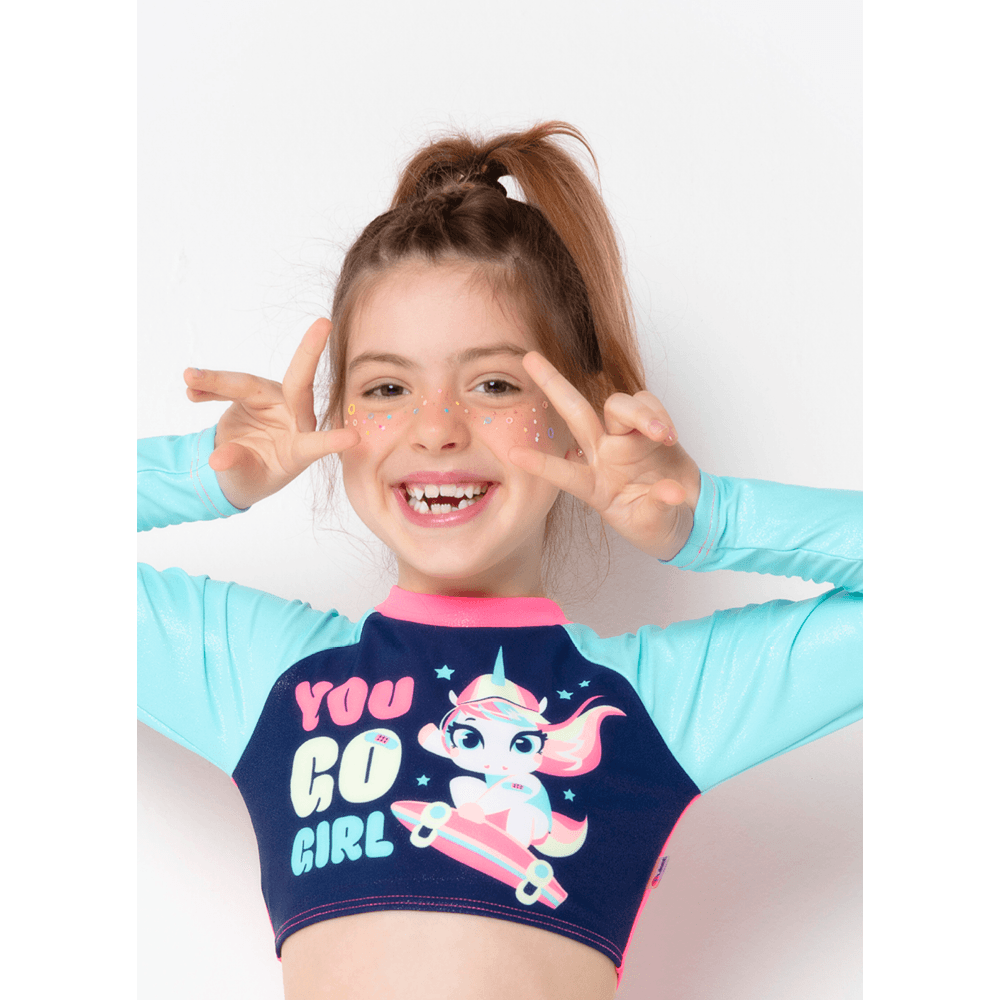 Conjunto Cropped e Calcinha com Proteção Solar Menina Unicórnio Skate - 3