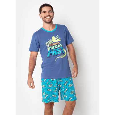Pijama Manga Curta Masculino Algodão Dinossauro Fósseis