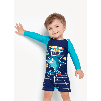Macacão Praia com Proteção Solar Bebê Menino Tubarão Gamer