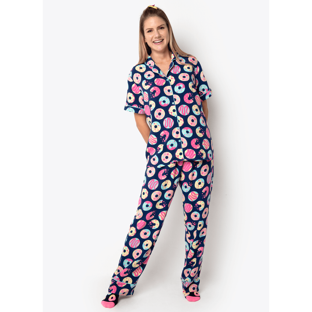 Pijama Longo Manga Curta Viscose Feminino Panda Donuts - 1