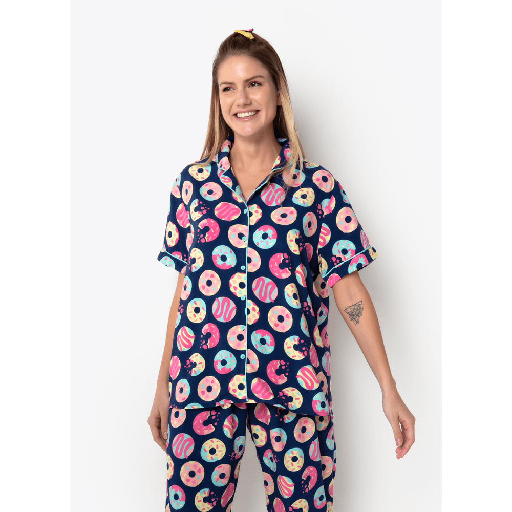 Pijama Longo Manga Curta Viscose Feminino Panda Donuts - 3