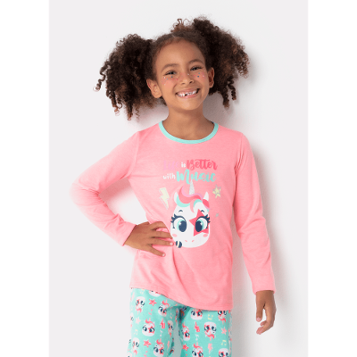 Pijama Manga Longa Menina Unicórnio Popstar