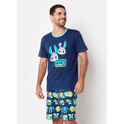 Pijama Manga Curta Masculino Algodão Família Coelho