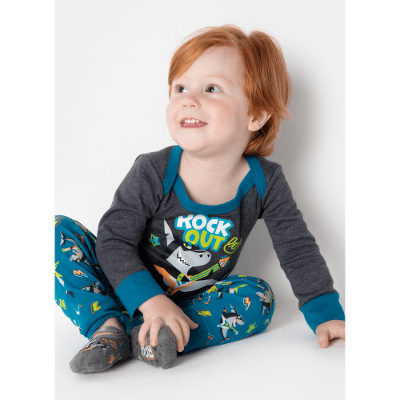 Pijama Manga Longa Bebê Menino Tubarão Rockstar