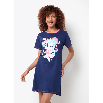 Camisola Manga Curta Algodão Feminino Unicórnio Kawaii