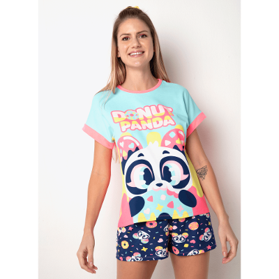 Pijama Manga Curta Viscolycra Feminino Panda Donuts
