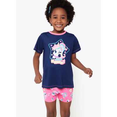 Pijama Manga Curta Algodão Menina Unicórnio Kawaii