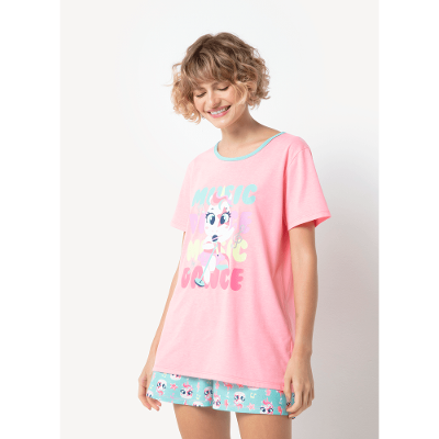 Pijama Manga Curta Feminino Unicórnio Popstar