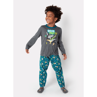 Pijama Manga Longa Menino Algodão Tubarão Rockstar