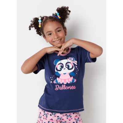 Pijama Manga Curta Menina Algodão Panda Bailarina