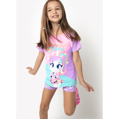 Pijama Manga Curta Viscolycra Menina Unicórnio Kawaii