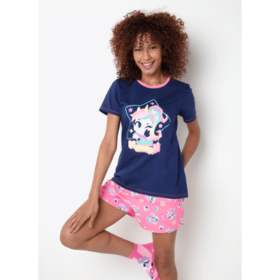 Pijama Manga Curta Algodão Feminino Unicórnio Kawaii