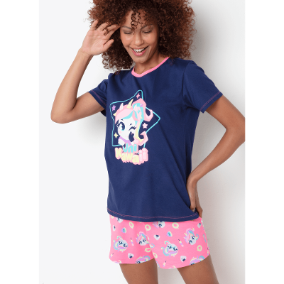 Pijama Manga Curta Algodão Feminino Unicórnio Kawaii