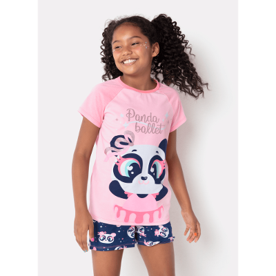 Pijama Manga Curta Menina Teen Viscolycra Panda Bailarina