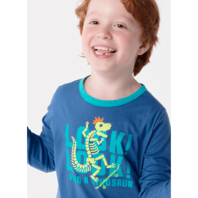 Pijama Manga Longa Menino Algodão Dinossauro Fósseis