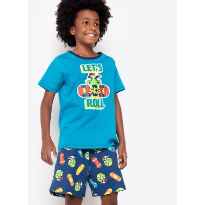 Pijama Manga Curta Menino Algodão Dinossauro Skate